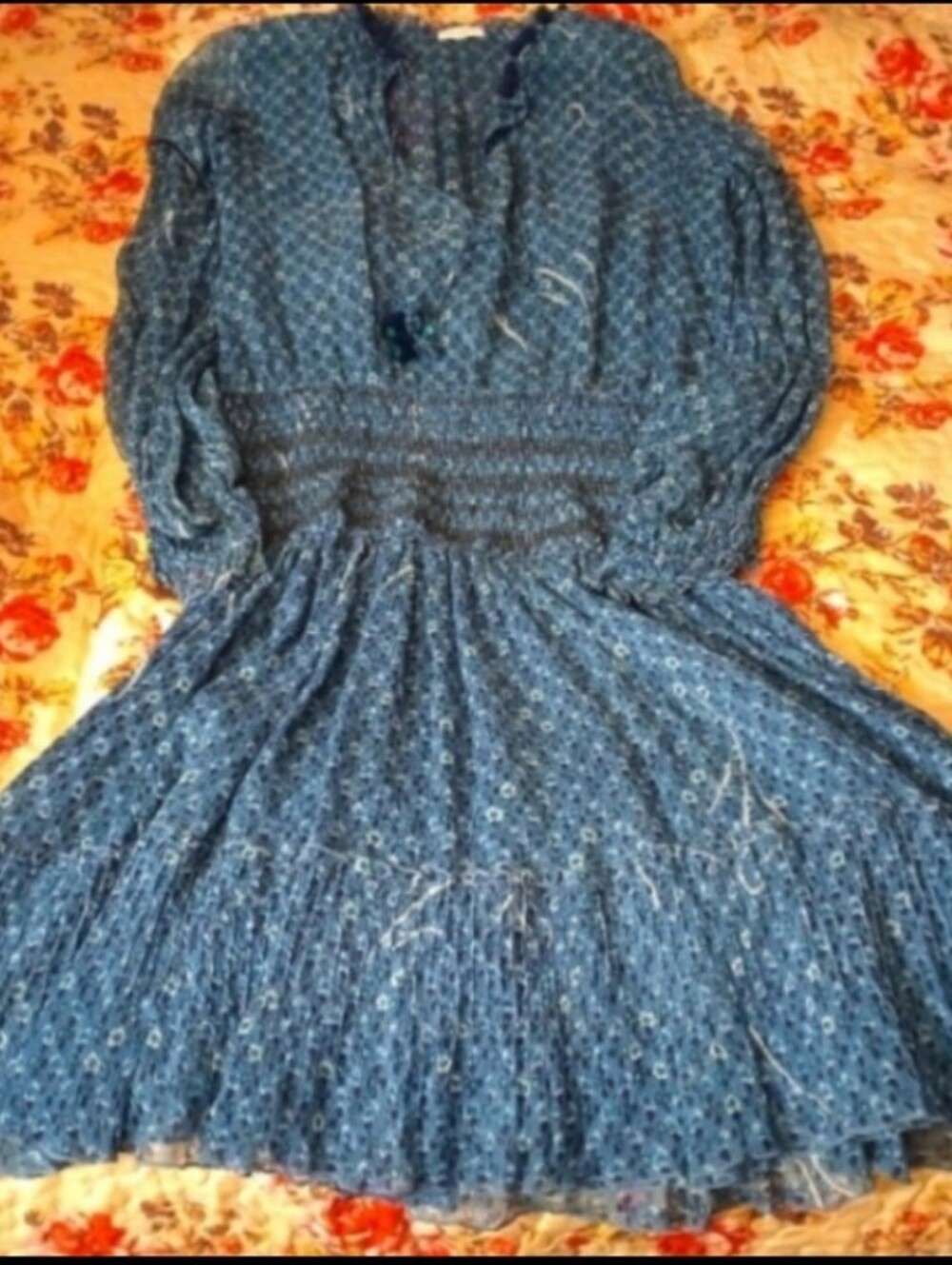 NWOT Boho 100% Silk Smocked Waist Long Sleeve Dress Women's